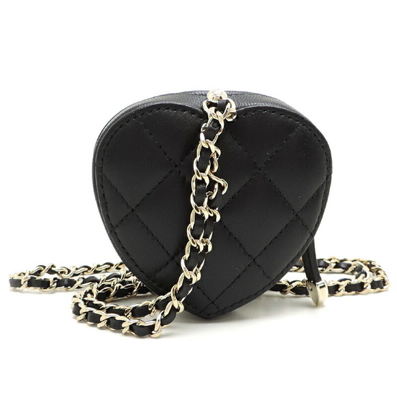 Chanel Black Lambskin Chain Coin Mini Case Matelasse Heart - Picture 1 of 9